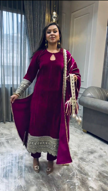 Rani Color Viscos Velvet With Embroidery Work Sharara Suit With Dupatta For Wedding