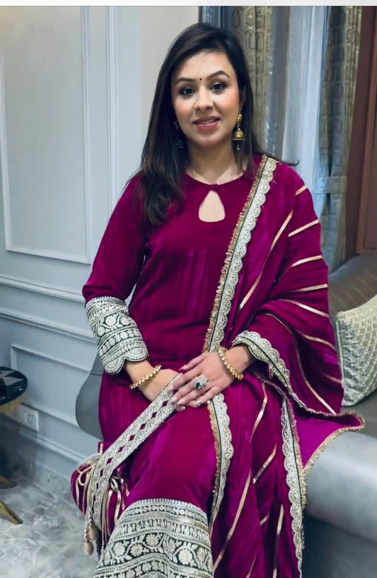 Rani Color Viscos Velvet With Embroidery Work Sharara Suit With Dupatta For Wedding