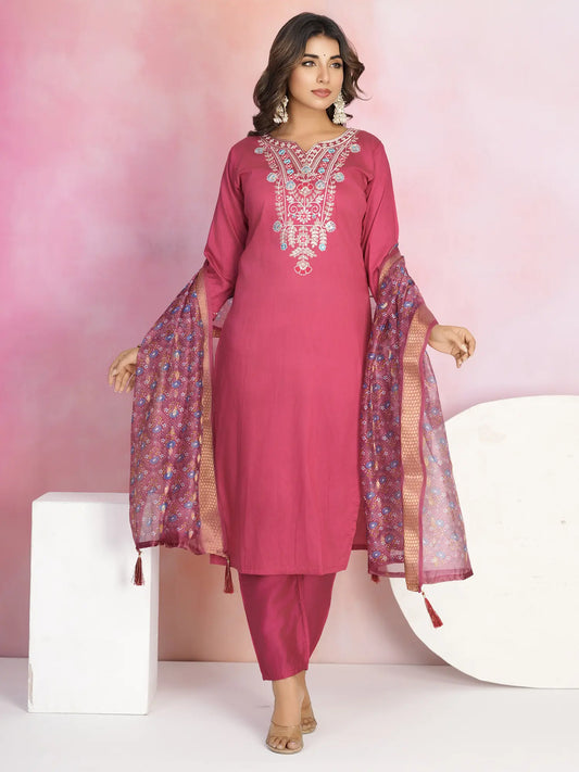 Rani Pink Chanderi Embroidery Work Elegant Party Wear Straight Kurta Set With Tassels Dupatta