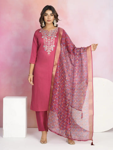 Rani Pink Chanderi Embroidery Work Elegant Party Wear Straight Kurta Set With Tassels Dupatta