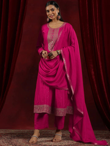 Rani Pink Embroidery Worked Neck Design A-Line Kurta Suit Set With Dupatta