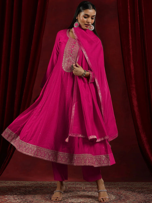 Rani Pink Embroidery Worked Neck Design A-Line Kurta Suit Set With Dupatta