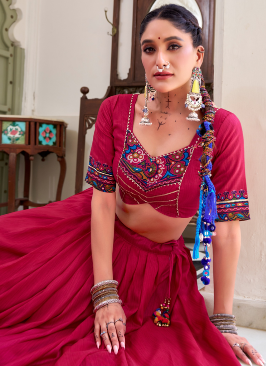 Rani Pink Tussar Silk Gamthi Print Ghagra Choli For Navratri