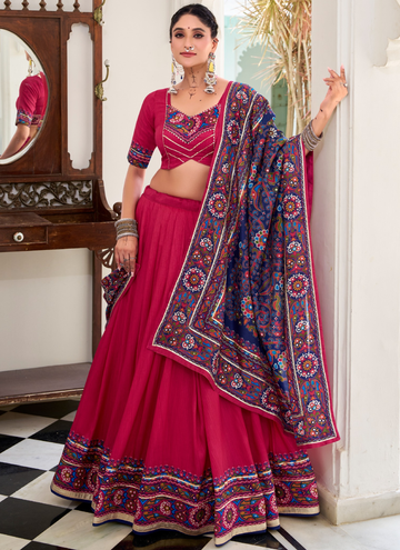 Rani Pink Tussar Silk Gamthi Print Ghagra Choli For Navratri