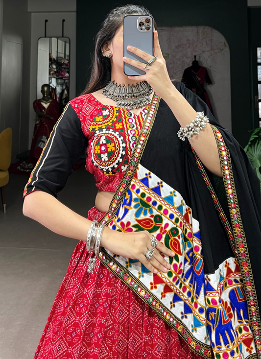 Ready To Wear Navratri Special Red Cotton Printed Gamthi Lehenga Choli