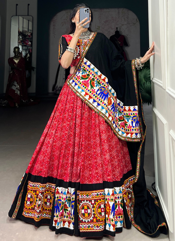 Ready To Wear Navratri Special Red Cotton Printed Gamthi Lehenga Choli