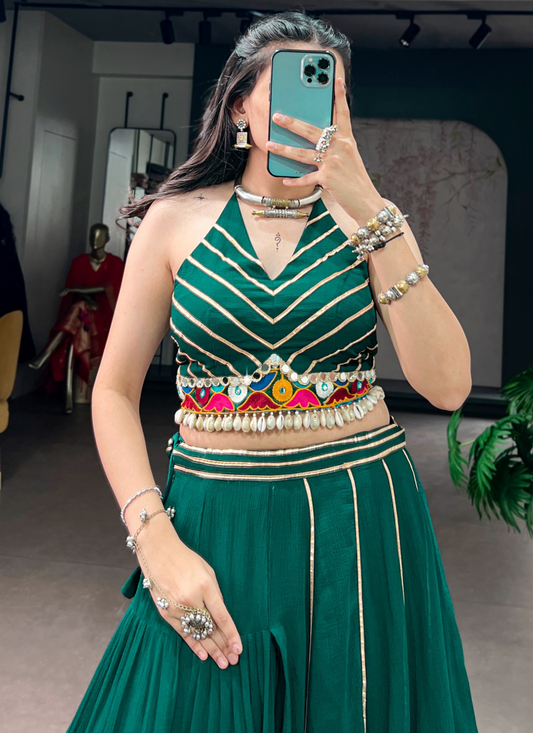 Real Mirror Gamthi Work Green Lehenga Choli For Navratri Festival
