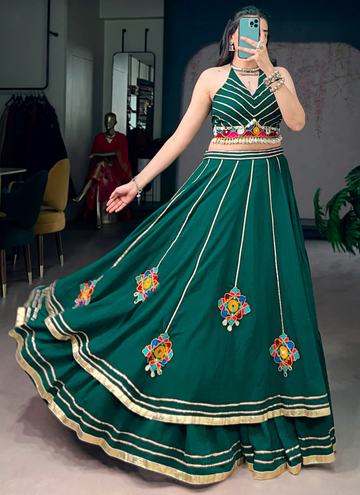 Real Mirror Gamthi Work Green Lehenga Choli For Navratri Festival