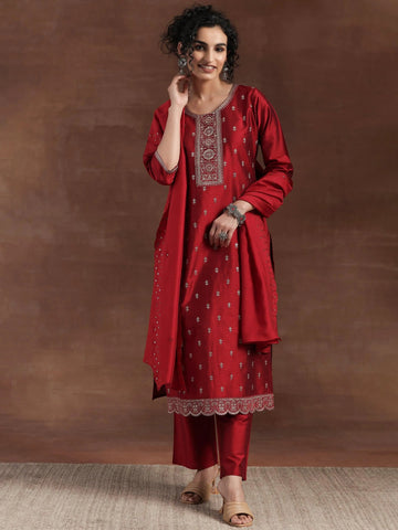 Red Embroidered Worked Straight Suit Set With Dupatta