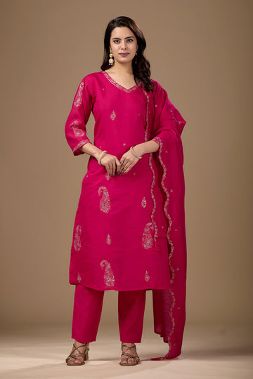 Regal Rani Pink Embroidered Kurta Suit Set with Dupatta