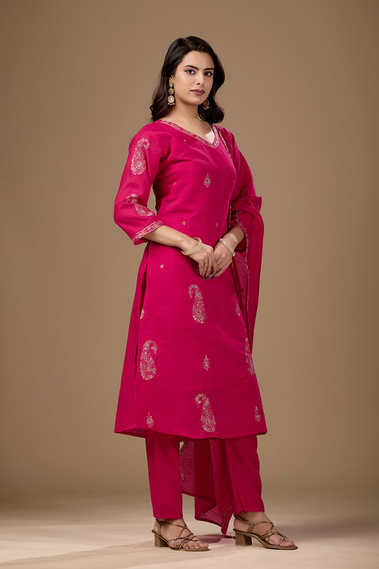Regal Rani Pink Embroidered Kurta Suit Set with Dupatta