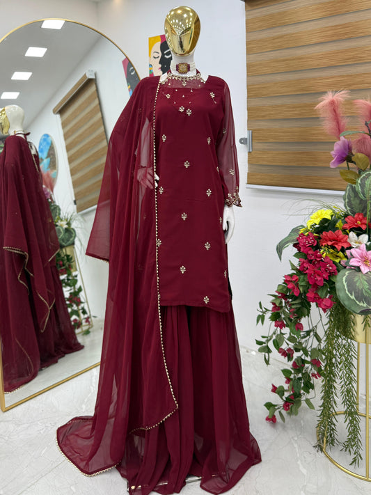 Round Neck Maroon Color Stylish Palazzo Suit