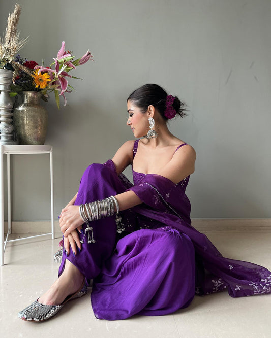 Royal Purple Embroidery Work Kurti Sharara Suit Set With Dupatta