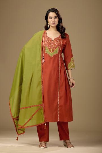 Rust Orange Embroidered Kurta Pant Set with Green Dupatta For Women