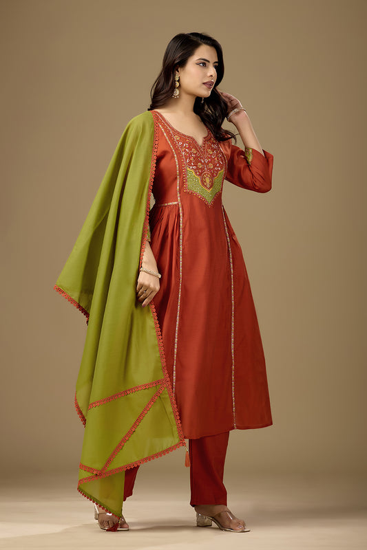 Rust Orange Embroidered Kurta Pant Set with Green Dupatta For Women