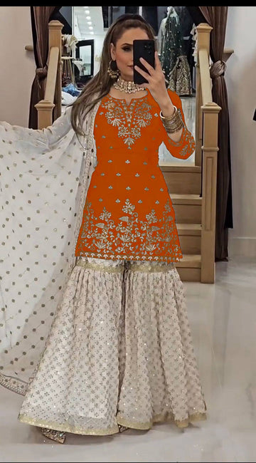 Rust Orange Embroidered Short Kurti Sharara Set with Dupatta