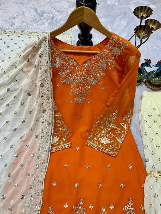 Rust Orange Embroidered Short Kurti Sharara Set with Dupatta
