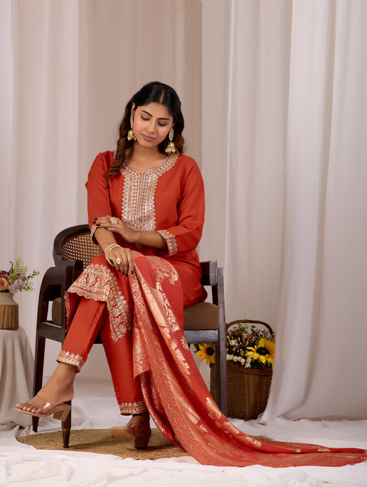 Rust Orange Embroidery Neck Design Cotton Straight Kurta Pant Set for Women With Dupatta