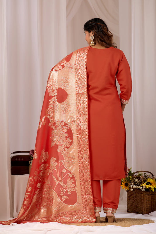 Rust Orange Embroidery Neck Design Cotton Straight Kurta Pant Set for Women With Dupatta