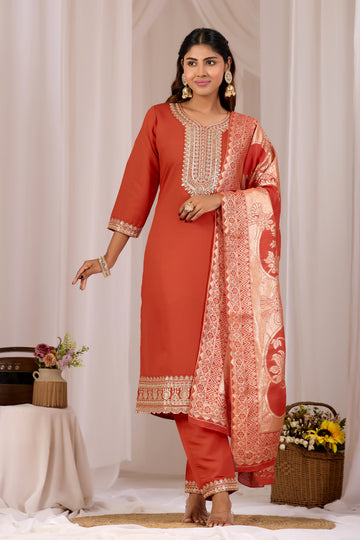 Rust Orange Embroidery Neck Design Cotton Straight Kurta Pant Set for Women With Dupatta