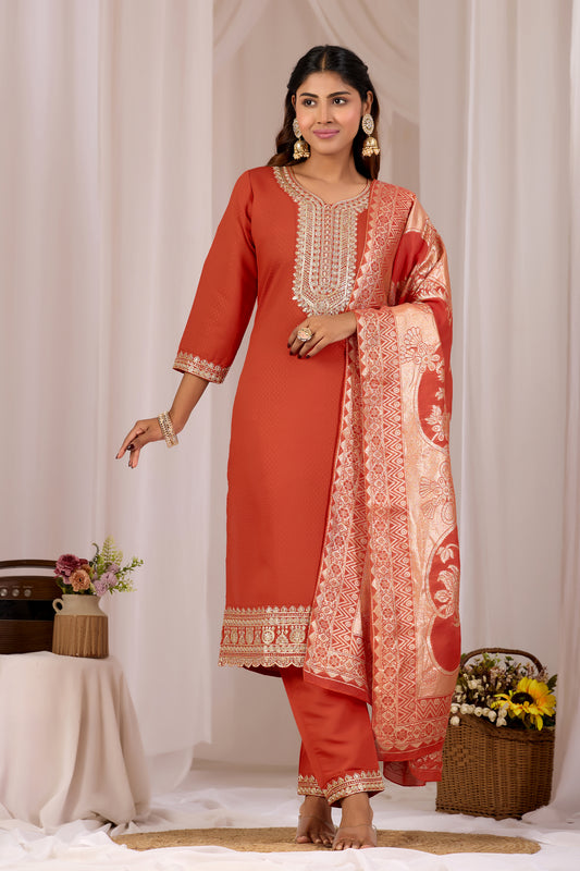 Rust Orange Cotton Straight Kurta Set for Women With Dupatta