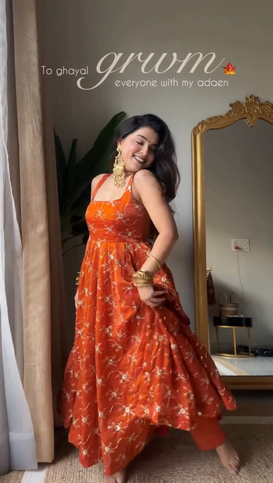 Rust Orange Floral Embroidered Anarkali Suit with Dupatta