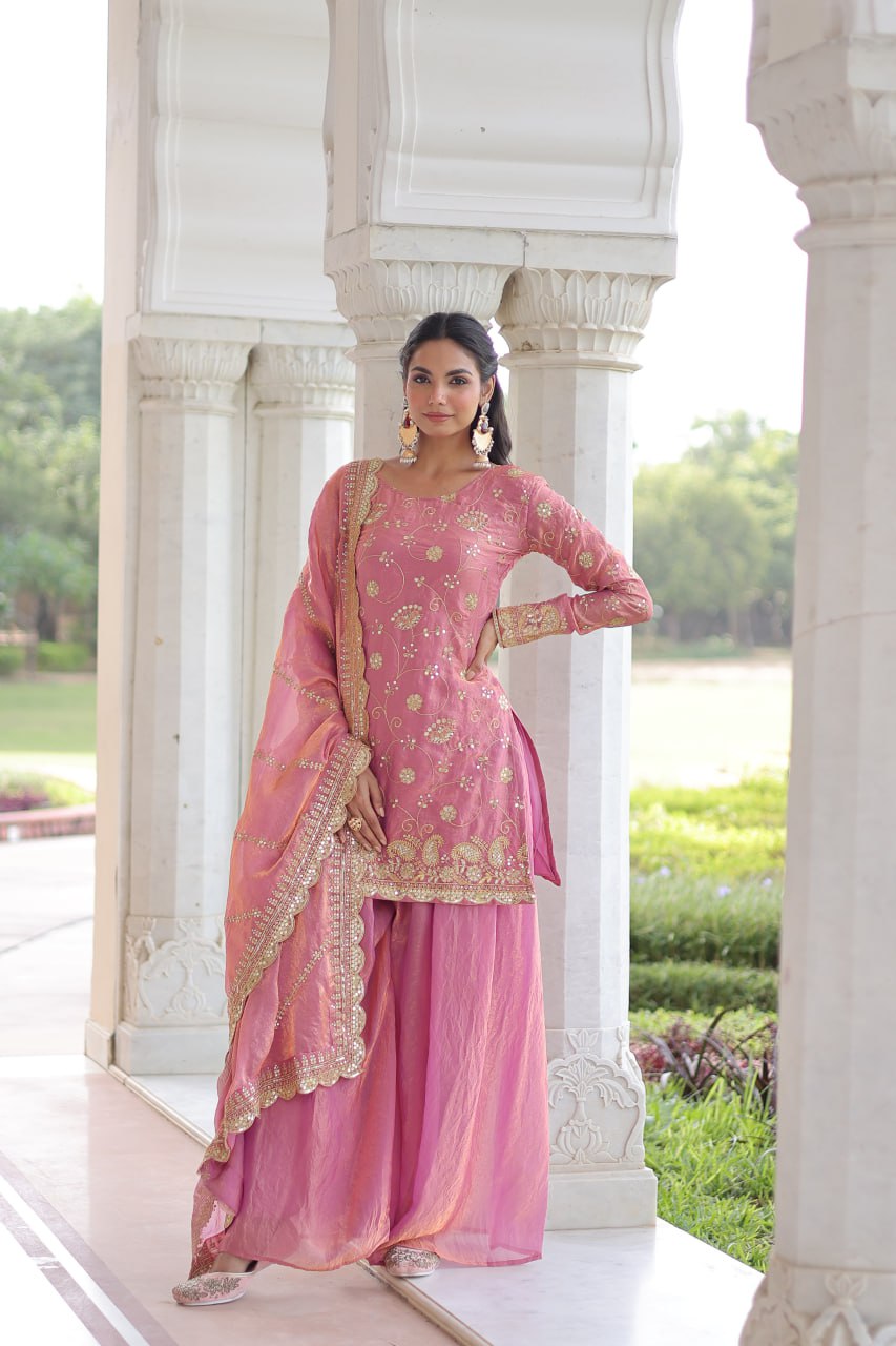 Rutvi Designer Pink Georgette Embroidery Work Sharara Suit With Dupatta For Wedding