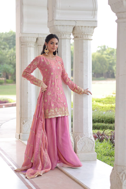 Rutvi Designer Pink Georgette Embroidery Work Sharara Suit With Dupatta For Wedding