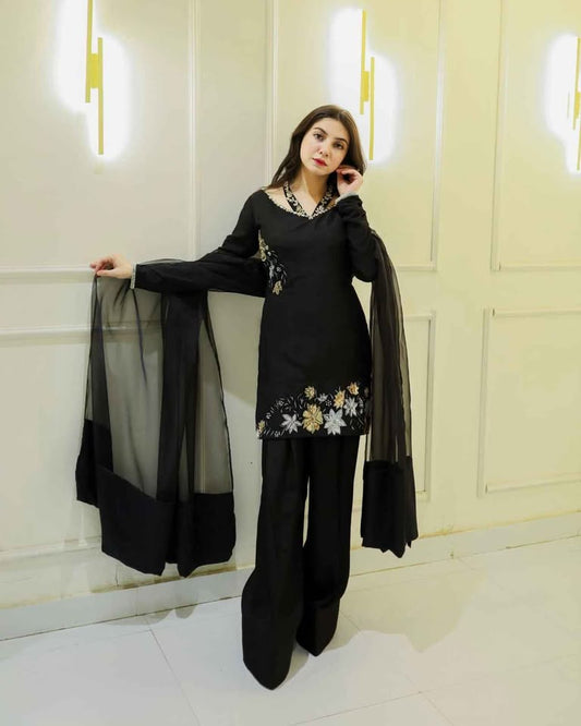 SOLID BLACK HAND EMBELLISHED KURTA WITH FARSHI PLAZZO AND DUPATTA