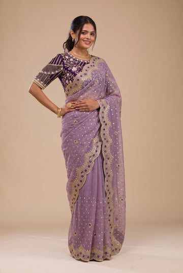 Soft Lavender NC Zari Butti Embroidery Work Border Saree