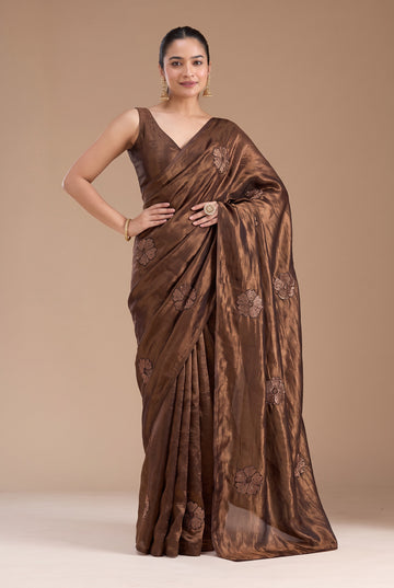 Chocolate Brown NC Silk Saree with Floral Embroidery Motifs