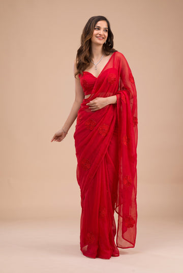 Scarlet Red NC Silk Saree Featuring Tone-on-Tone Floral Embroidery