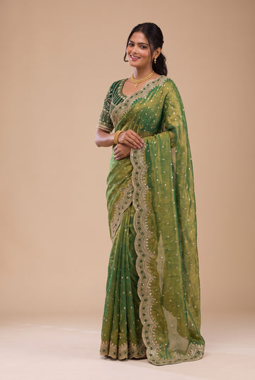 Olive Green NC Zari Butti Embroidery Work Border Saree