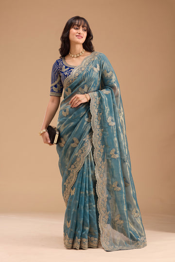 Teal Blue Fandy Silk Party Wear Saree with Sequined Scallop Embroidery Border