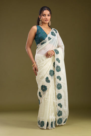Cream NC Silk Saree with Dark Green Bandhani Cutwork Flowers & Sequin Embroidery