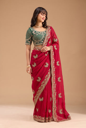 Red Fandy Silk Saree Featuring Butterfly Motifs & Green Embroidered Blouse