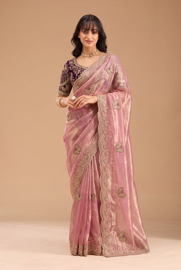Mauve Pink Fandy Silk Saree with Butterfly Embroidery
