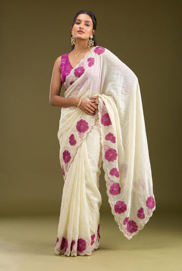 Off-White NC Silk Saree with Magenta Bandhani Floral Appliqué & Sequin Embroidery