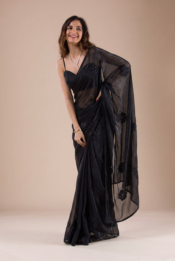 Black NC Silk Saree with Monochromatic Floral Embroidered Butti