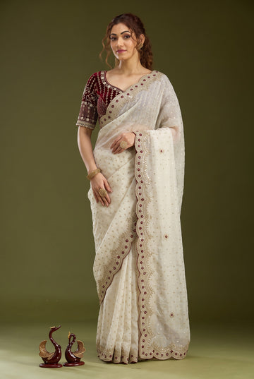 Pearl Off-White NC Zari Butti Embroidery Work Border Saree