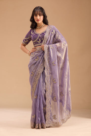 Lilac Lavender Fandy Silk Butterfly Embroidery Work Saree