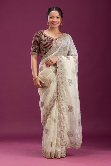Ivory White Fandy Silk Butterfly Patchwork Saree