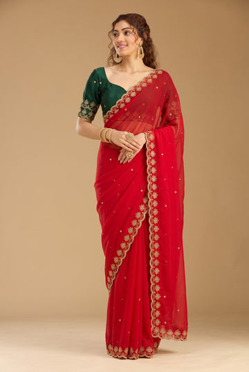 Red Georgette Sequence And Bids Work Saree
