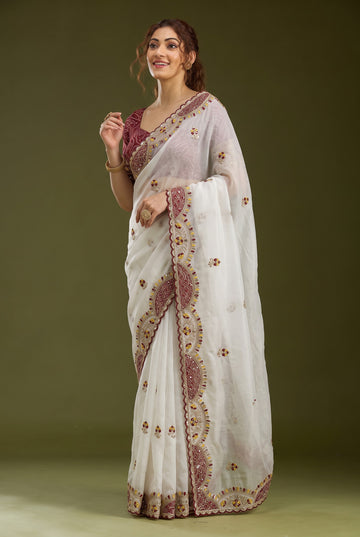 White Crunchy Silk Sequins and Thread Work Saree For Women