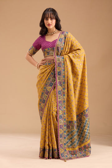 Multicolor Soft Chinnon Print & Mirror Hand Work Saree