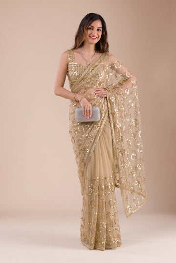 Beige Net Saree with All-Over Gold Ring Beads Embroidery Work