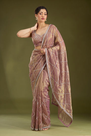 Party Wear Dusty Peach NC Silk Diamond Work Saree
