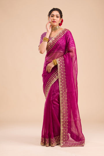 Rani Pink Satin Silk Embroidery Work Saree For Women