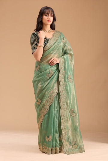 Sage Green Fandy Silk Designer Saree with Floral Sequin Embroidery