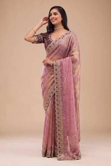 Antique Rose Pink NC Zari Butti Embroidery Work Border Saree